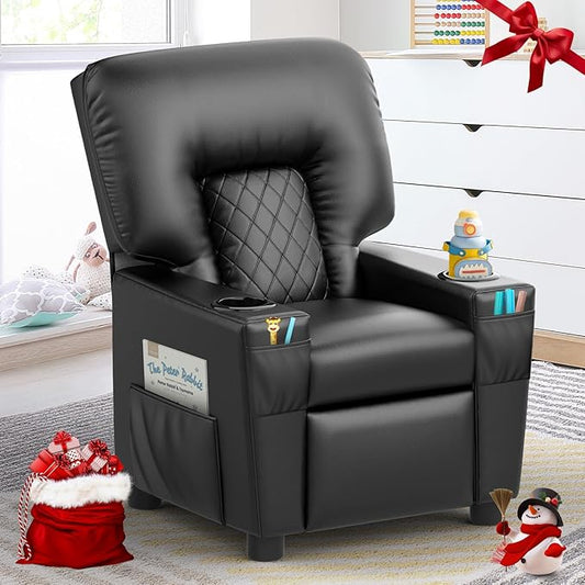 Kids Recliner Chair, Leather Push Back Kids Reclining Chair with Cup Holders & Side Pockets, Safety Adjustable Footrest Toddler Recliner for Age 3+, Kid Recliners for Girls Boys, Black
