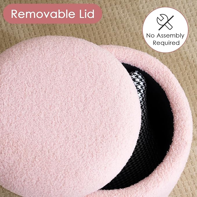 YFO Round Ottoman with Removable Lid Upholstered, Multifunctional Vanity Chairs for Makeup, Soft Footrest Stool Ottoman Foot Stool for Living Room, Bedroom, Boucle, Pink