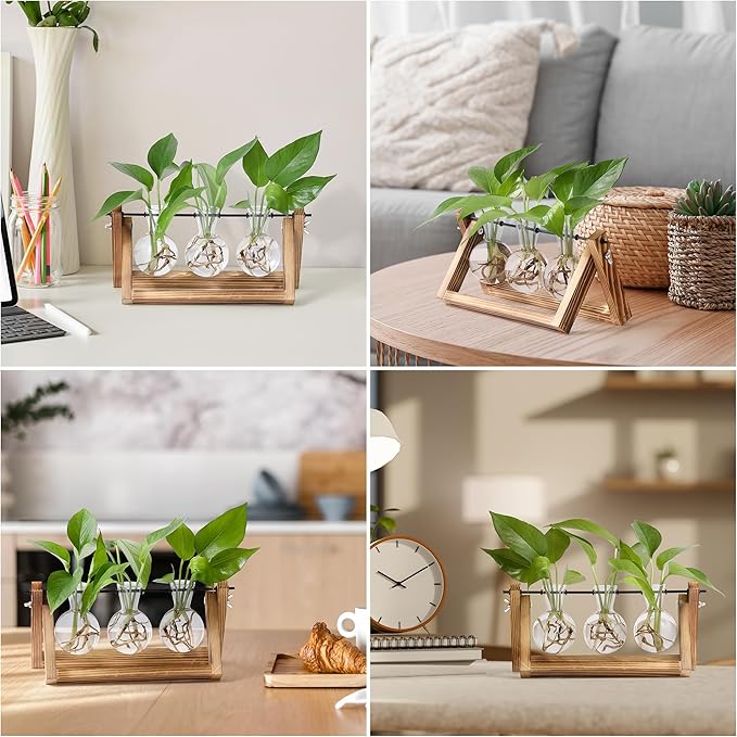 YIBOT Plants Propagation Stations,Desk Plant Terrarium with Retro Wooden Stand,Plant Lover Gifts for Women for Hydroponics Plants Home Garden Wedding Decor(3 Bulb Vase)