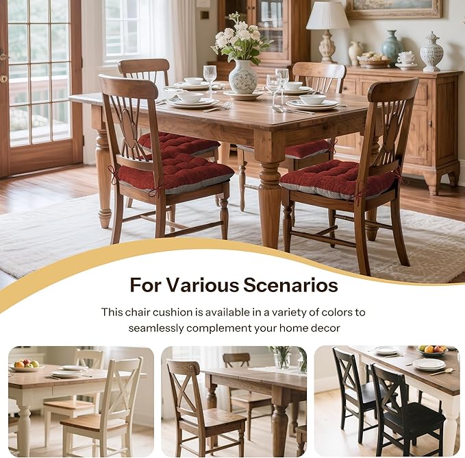 Non Slip Chair Cushions for Dining Chairs Set of 4 Kitchen Chair Cushions 18"x18"x3" Turfted Chair Pads Comfortable and Soft Seat Cushion with Ties, Rust