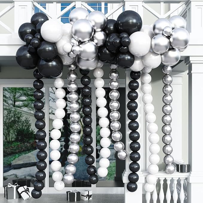 Black White and Gold Linking Balloons, 90PCS Black Gold and White Balloon Arch, Metallic Silver Quick Linked Connecting Balloon for Wedding Birthday Baby Shower Graduation New Year Party Decorations