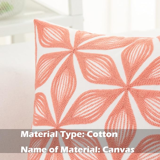 HWY 50 Coral Pink Decorative Throw Pillow Covers 18x18 Inch (1 Piece), Embroidered Cotton Farmhouse Cushion Cover Pillow Case for Sofa Couch Living Room Bed, Fashion Geometric