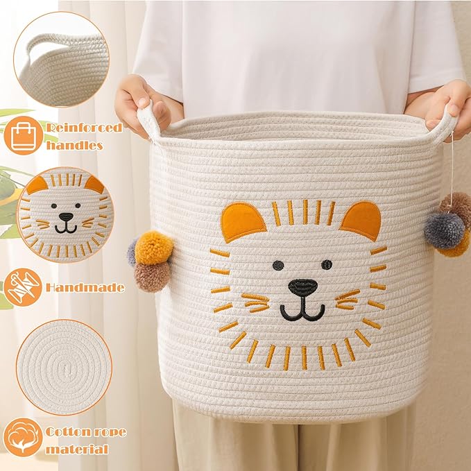Large Blanket Baskets for Living Room Decor, Toy Storage Baskets Woven Cotton Rope Animal Storage Basket for Kids, Dog Toys Organizer Clothes Hamper with Embroidery Decor for Nursery (Large, Lion)