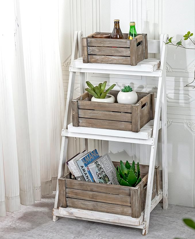 TIMRIS Set of 3 Rustic Wood Nesting Crates, Farmhouse Wooden Storage Container Boxes with Cutout Handles, Decorative Wooden Baskets for Display (Rustic Gray)