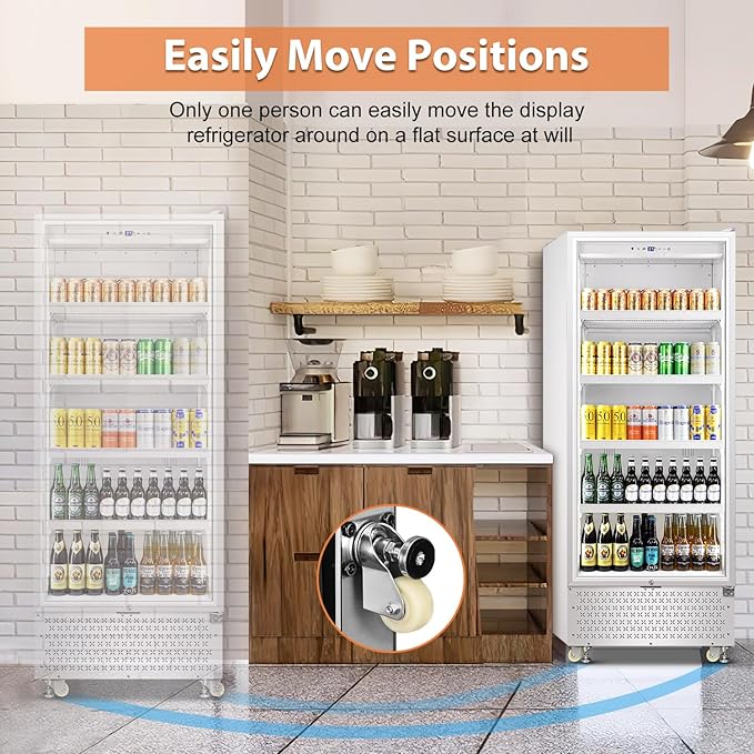 Tylza Commercial Refrigerator with Glass Door Display Beverage Fridge, 14.8 Cu Ft Upright Beverage Cooler Merchandiser with Rebound Door, Low Noise, Fast Cooling, White