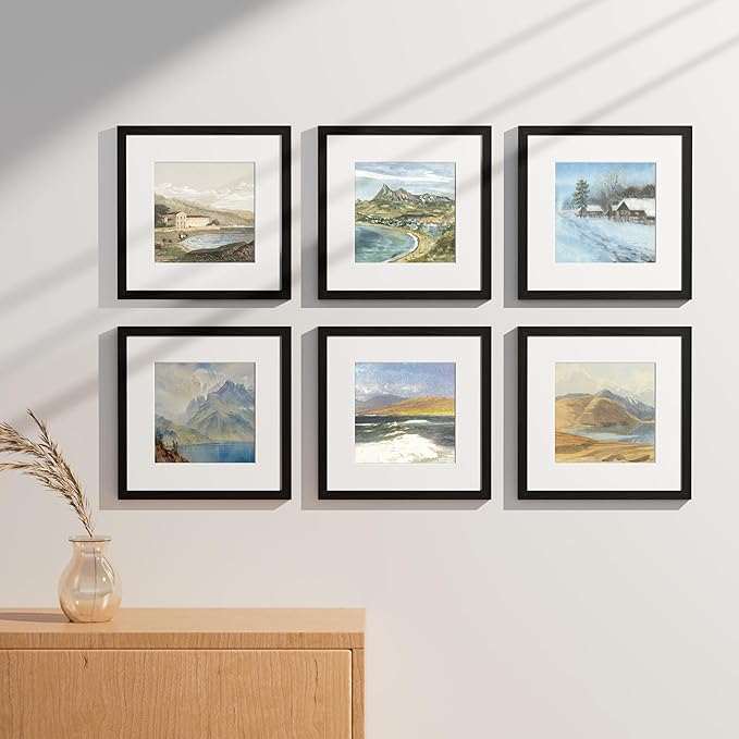 Vittanly 12x12 Picture Frames Set of 9, Shatter Resistant Plexiglass, Display 8x8 Pictures with Mat or 12x12 without Mat, Photo Frames for Wall Mount, Engineered Wood, Black