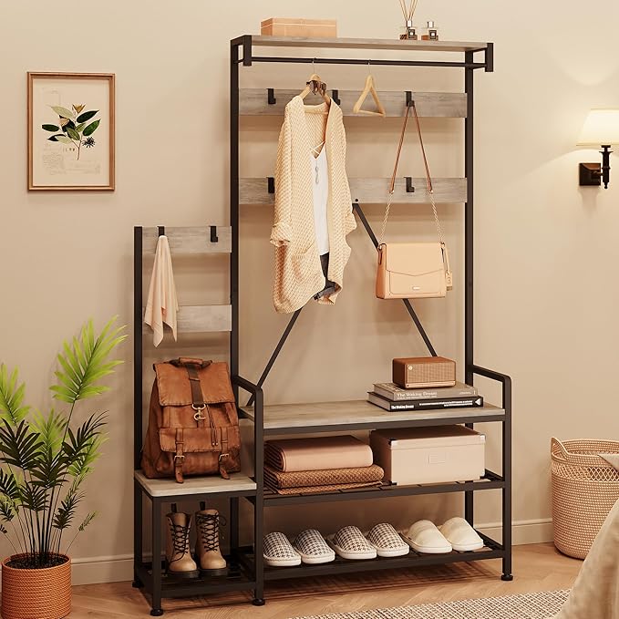 IDEALHOUSE Hall Tree with Bench and Shoe Storage Parent-Child Coat Rack Shoe Bench Industrial Coat Tree Entryway Large Organizer with Shoe Rack, Storage Cubbies, Hooks, and Top Shelf