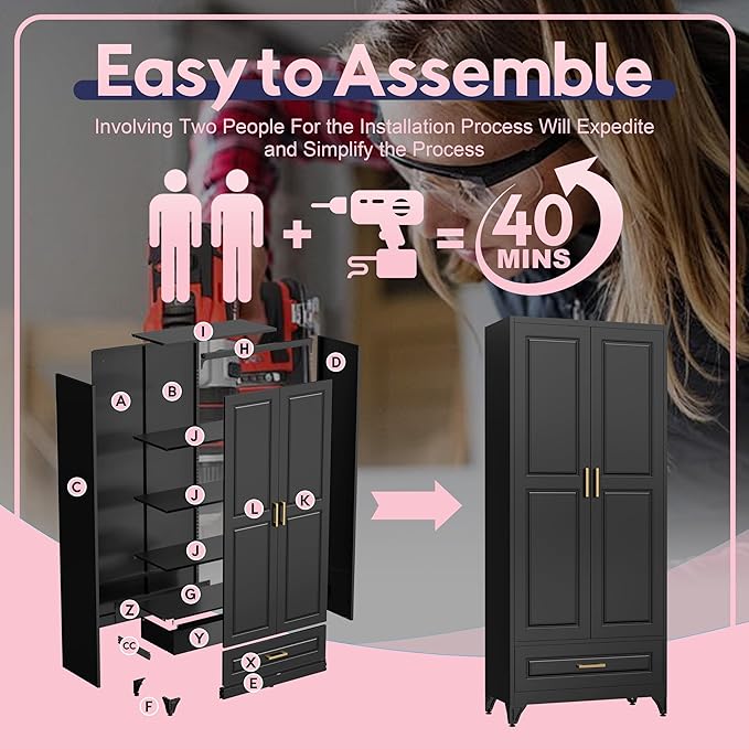 Pantry Kitchen Cabinet with Drawer, 75" Tall Pantry Storage Cabinet, Metal Storage Cabinets with Doors and Shelves, Large Freestanding Cupboard for Dining Room, Assembly Required, Black