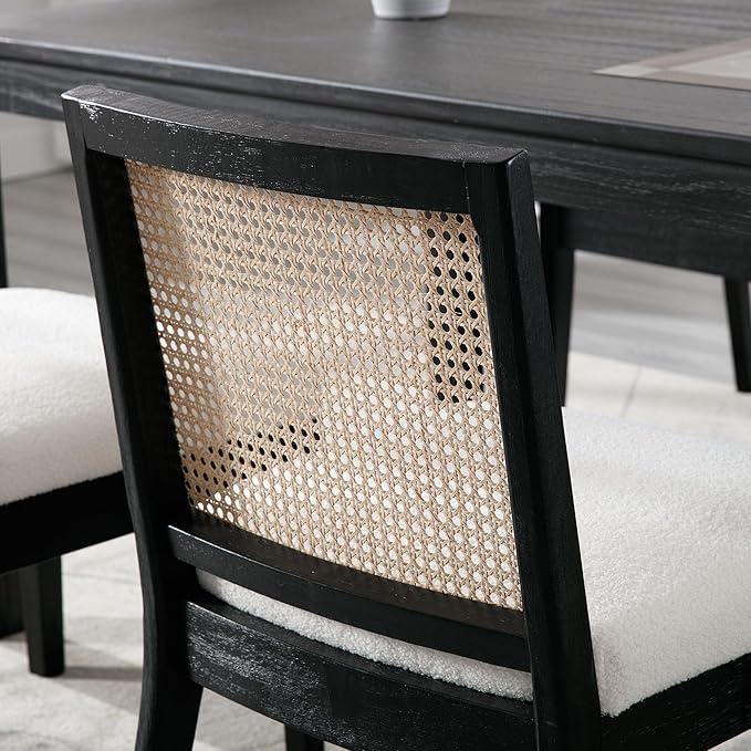 VESCASA Upholstered Dining Chairs with Square Rattan Back, Armless Padded Sherpa Fleece Cushion Dining Chairs with Wood Legs for Dining Room, Kitchen, Set of 6, Black Frame