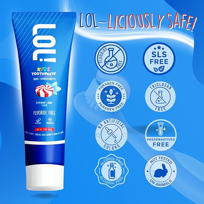 LOL Kid Toothpaste Fluoride Free, Nano Hydroxyapatite Toothpaste Kids, Probiotics & Xylitol Tooth Paste Kids | Remineralizing | Natural | Plant-Based Foam | Pasta De Dientes para Niños (Peppermint)