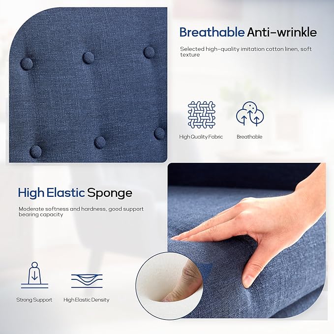 HUIMO Accent Chair Living Room Chair, Upholstered Button Tufted Armchair, Linen Fabric Sofa Chairs for Bedroom, Living Room, Mid Century Modern Comfy Reading Chair (Dark Blue)