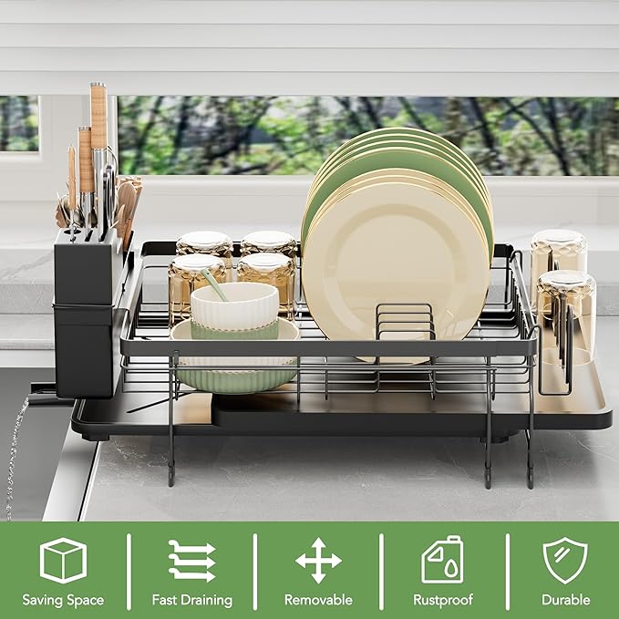 ROTTOGOON Expandable Dish Drying Rack,Multifunctional Adjustable Dish Drainer with Swivel Spout and Anti-Rust Dish Rack with Removable Cutlery & Cup Holders for Kitchen Counter,Black