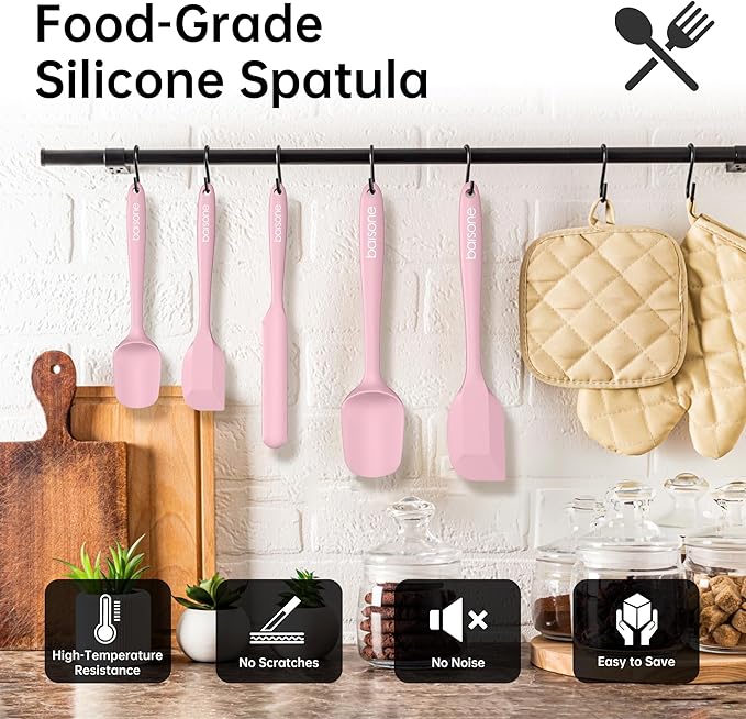 Barsone 5-Piece Silicone Spatula Set( Heat Resistant 446°F Food Grade BPA Free, Nonstick Cookware Safe Dishwasher Safe Kitchen Tools for Baking, Cooking, Stirring, Pink)