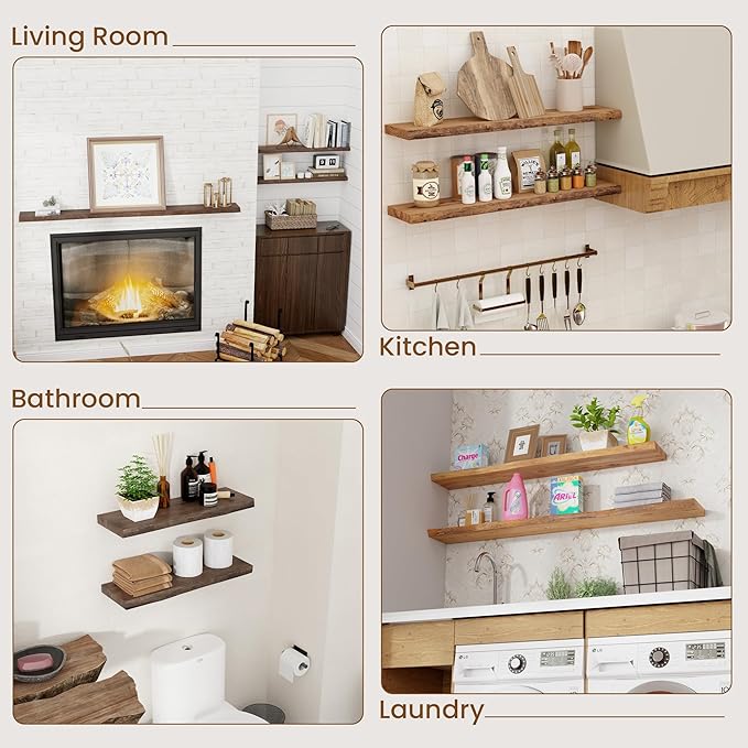 Floating Shelves for Wall Decor, Rustic Solid Elm Wood Live Edge Floating Shelves Wall Mounted, Wall Shelves with Invisible Bracket for Living Room Bathroom Bedroom Kitchen, 36 Inch Set of 2, Natural