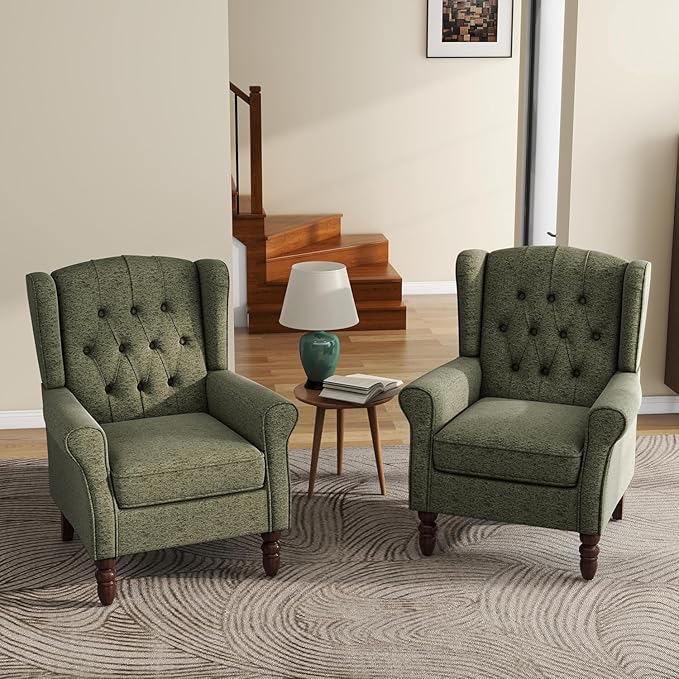 UIXE High Back Accent Chairs Set of 2, Upholstered Armchair in Fabric for Living Room, Retro Wingback Arm Chair Comfy Single Sofa Bedroom Reading Seat with Solid Wood Legs - Green