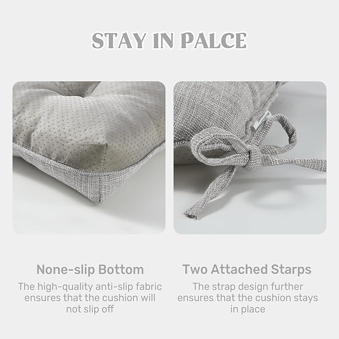 puredown® Chair Cushions for Dining Chairs, Tufted Memory Foam Chair Pads with Non-Slip Backing, Kitchen Seat Cushions with Ties, Washable Seat Pad Set of 4, 15.5" x 15.5" x 4", Light Grey