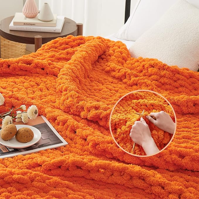 L'AGRATY Chunky Knit Blanket Throw: 80''x90'' Chenille Chunky Knitted Throw Blanket for Bed Couch - Handmade Thick Big Cable Knit Blanket - Large Chunky Crochet Rope Blanket for Home Decor(Orange)