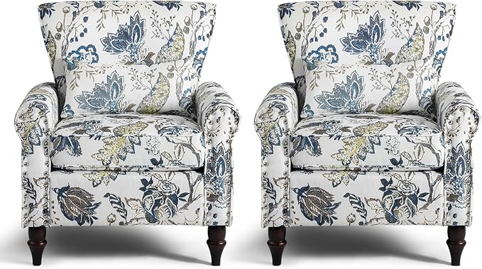 Wingback Accent Chair with Removable Pillow, High Back Floral Armchair with Solid Wood Legs & Nailhead Trim, Comfy Upholstered Reading Single Sofa Chair for Bedroom (2, Blue Floral Pattern)