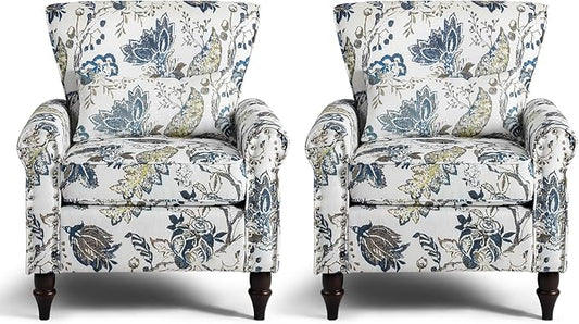 Wingback Accent Chair with Removable Pillow, High Back Floral Armchair with Solid Wood Legs & Nailhead Trim, Comfy Upholstered Reading Single Sofa Chair for Bedroom (2, Blue Floral Pattern)
