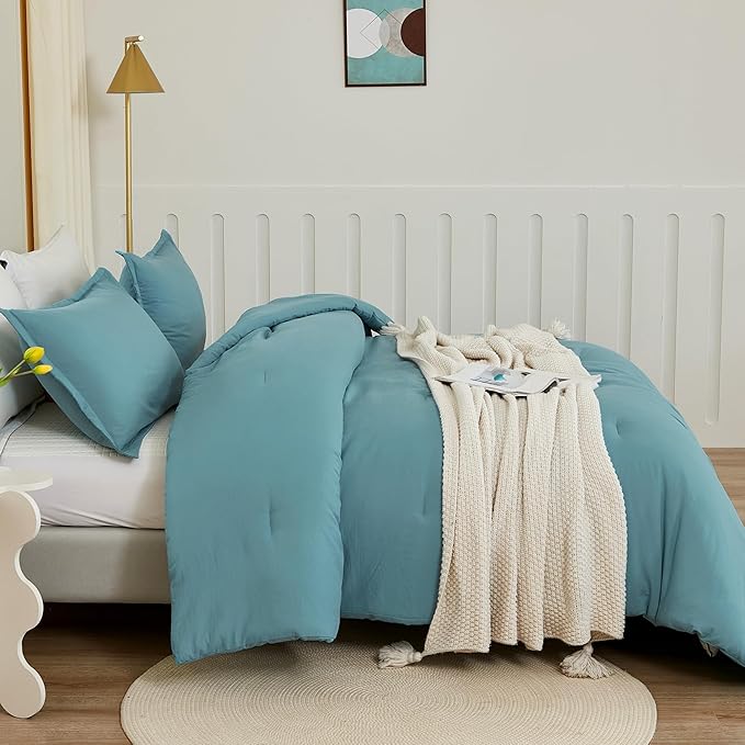 Litanika Comforters Grayish Teal Oversized Queen Size, 3 Pieces Lightweight Solid Bedding Comforter Set, All Season Fluffy Bed Set (98x98In Comforter & 2 Pillowcases)