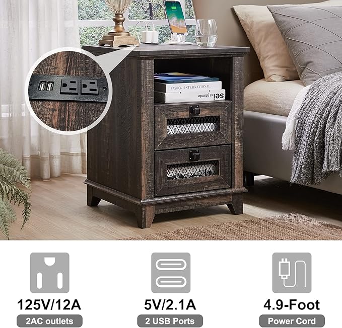 OKD Nightstand with Charging Station, 18'' Industrial & Farmhouse End Table with 2 Drawers & Open Cubby, Rustic Mesh Drawer Sofa Side Table w/Storage for Bedroom, Living Room, Office, Dark Rustic Oak