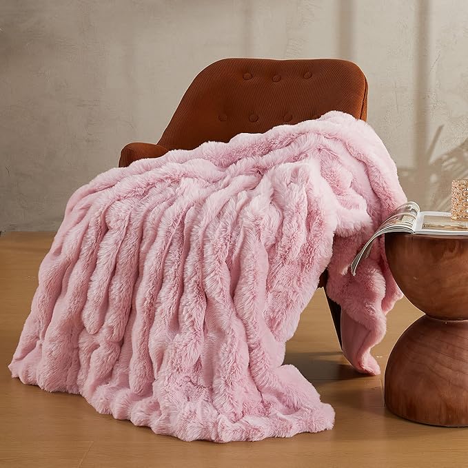 JELLYMONI Faux Fur Throw Blanket, Pink Cozy Plush Bubble Bed Blanket, Thick and Warm, 50" X 60"