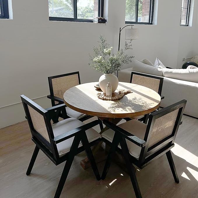 Rattan Dining Chairs Set of 4, Farmhouse Wicker Dining Chairs with Removable Linen Cushion Accent Cane Armchair for Dining Room Kitchen Restaurant, Black