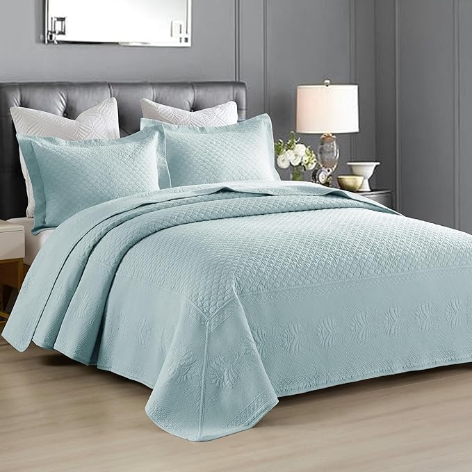 MarCielo 3-Piece 100% Cotton Oversized Bedspread Lightweight Quilt Coverlet Embroidery Farmhouse Bedding Set (TM Mint Green, Oversized Queen (100"x106"))