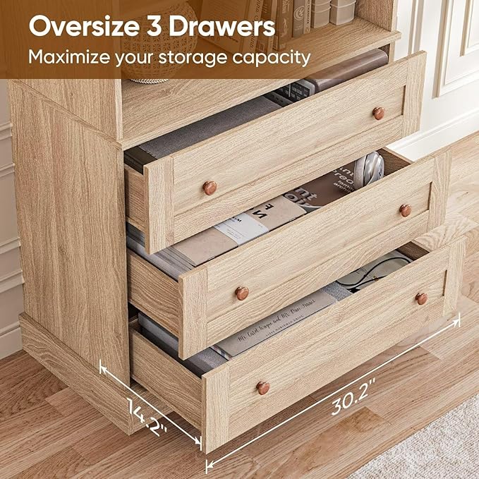 Vyre 71" Tall Farmhouse Bookshelves with Drawers, Set of 4 – Large Modular Bookcase with Adjustable Shelves, Storage Cabinet for Living Room, Kitchen, Home Office, Brown