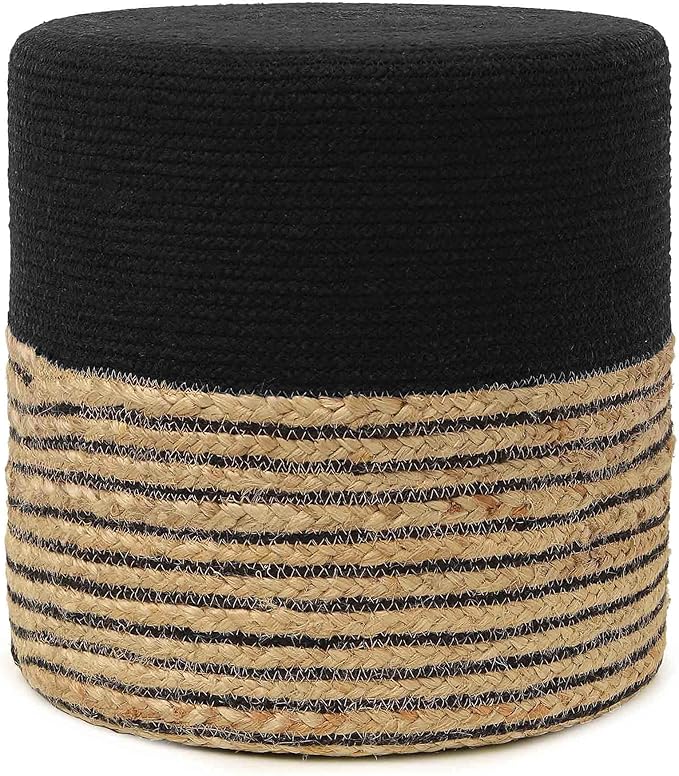 REDEARTH · Cylindrical Pouf Ottoman - Braided Pouffe Accent Sitting Round Footrest for Living Room, Bedroom, Nursery, kidsroom, Patio ; 70% Cotton 30% Jute, Set of 2 (14.5x14.5x16; Black Natural)