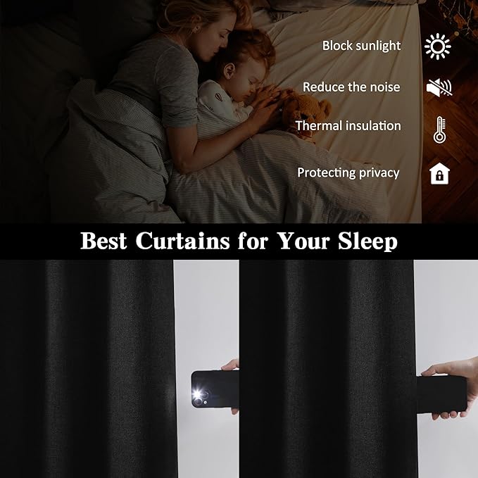 RAIN CITY 104 Inch Custom Made Black Curtains, Textured Linen Blend Black Out Pleated Look Curtains with Hooks Window Drapes for Slidng Glass Door Living Room-50x104-inch 2 Panels Set