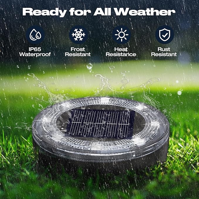 Mini Outdoor Solar Lights,4 Pqck Solar Garden Lights for Outside IP65 Waterproof, 8 LED Disc Landscape Lighting for Garden Yard Driveway Walkway Poolside Deck Lawn Patio,Cold White