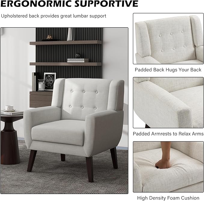UIXE Accent Chair Modern Upholstered Armchair, Comfy Living Room Arm Chairs Mid Century Single Sofa Reading Side Seat for Bedroom, Home Office - Beige