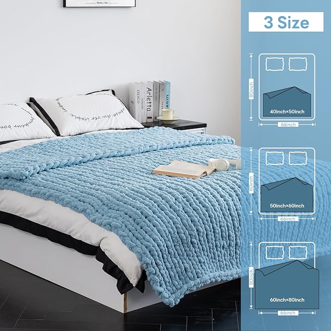 Chunky Knit Blanket - Luxury Soft Cozy 60 * 80 Throw Blanket,100% Woven Blanket Rope Knot Throw Blanket for Couch, Sofa, Home Decor, Gift - Machine Washable(Light Blue)
