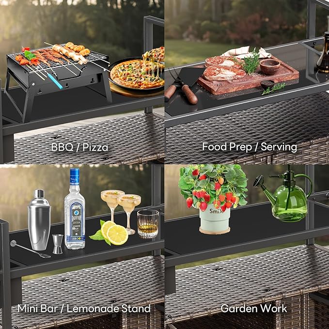 Outdoor Bar Cart with Storage Cabinet, Outdoor Grill Cart with Wheels, Rattan Bar Cart with Tempered Glass Tabletop, Outdoor Buffet Cabinet Table Cart for Mini Bar, BBQ, Food Serving, Brown Wicker