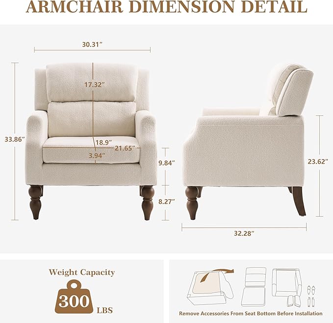 Kidol & Shellder White Oversized Accent Chair for Living Room Set of 2 Modern Reading Chair with Back Wide Upholstered Comfy Single Sofa Chair for Bedroom Lounge Side Corner Fabric Armchair
