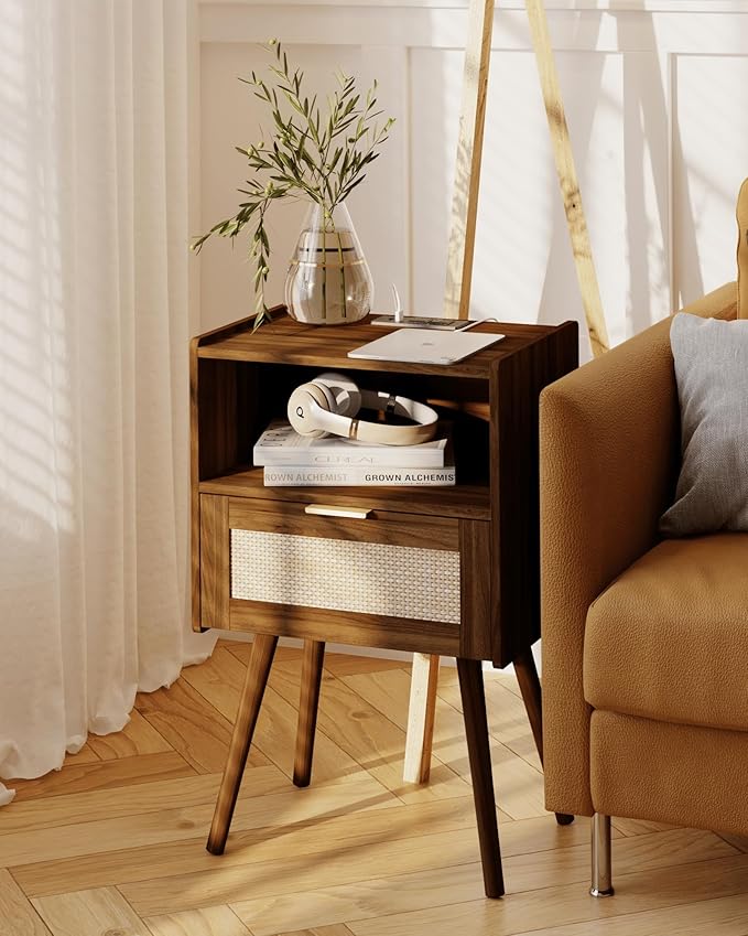 Rattan Nightstand with Outlet,Modern Bedside Table with Storage Drawer and Open Wood Shelf, for Living Room, Bedroom and Small Spaces, Accent Night Stand with Solid Wood Legs,Walnut Brown
