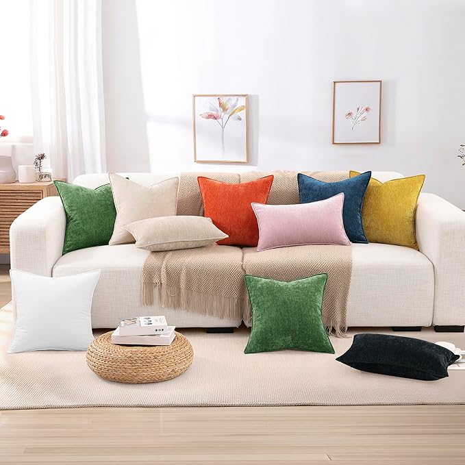 decorUhome Christmas Couch Throw Pillow Covers 22x22 Set of 2, Decorative Soft Euro Neutral Chenille Pillow Covers with Elegant Design for Sofa Bed Living Room Home Decor, Rhododendron