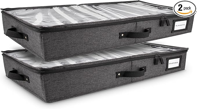 HOMELUX THEORY 2pc Low Profile Under Bed Storage Containers, Thin Under Couch Storage Organizer with Bins & Lids, Underbed Storage Box Ideal for Seasonal Clothes, Blankets, Fabric & Shoes (Dark Gray)
