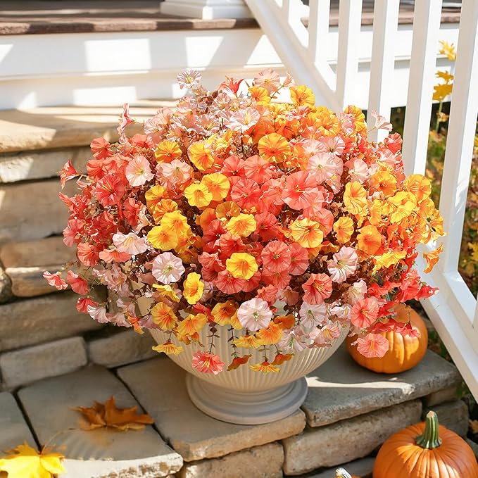 Artificial Mums for Outdoors Fake Fall Flowers Plants for Autumn Decoration, 12 Bundles Silk Morning Glory with Eucalyptus Look Real UV Resistant Faux Mums for Outside Planters Yard Patio Porch, Mix