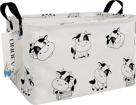 Rectangular Folding Laundry Basket,Canvas Basket,Nersury Hamper,Suitable for Children,Office,Bedroom,Clothes,Toys Storage (REC Cow), 14.9’’L ×10.2’’W×9.05’’H inches