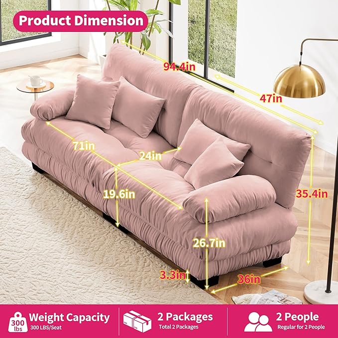 Loveseat Modular Sectional Sofa, Cloud Couch 2 Seater Sectional Couch Home Sofa Living Room Oversized Couch, Modern Deep Seat Couch with Chaise with Round Bolster Armrests 4 Pillows(Pink)