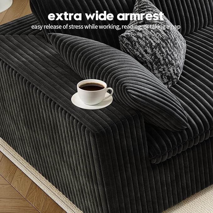 118" Cloud Couch Oversized Modular Sectional Sofa for Living Room,Modern Sofa with Deep Seat,6 Seater Boneless Couch,Comfy Upholstered Corduroy Couches for Apartment, Studio, Office,Bedroom,Black