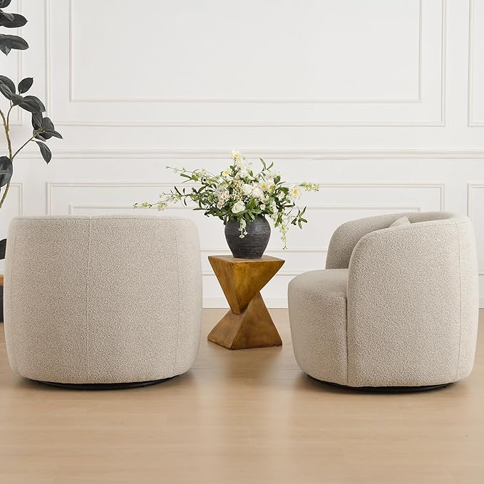 KINWELL 34" Wide Sherpa Swivel Barrel Chairs Set of 2, No Assembly Round Boucle Upholstered Accent Chairs Armchairs Single Sofa Chair with Toss Pillow for Living Room and Bedroom, Taupe