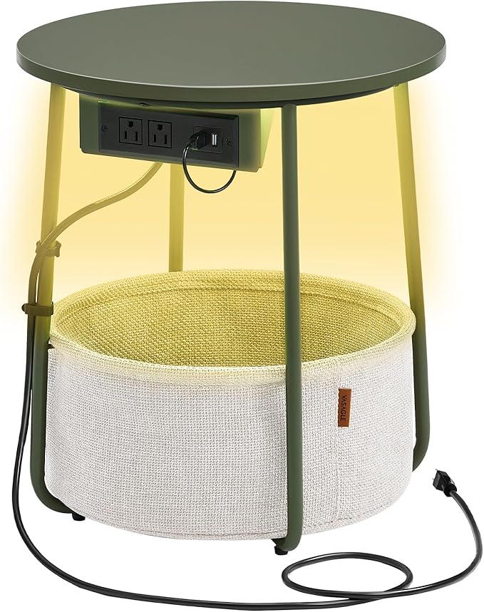 VASAGLE Side Table with Charging Station, Round End Table with Fabric Basket, LED Nightstand with Power Outlets, USB Ports, for Living Room, Bedroom, Modern, Forest Green and Cream White ULET227C01