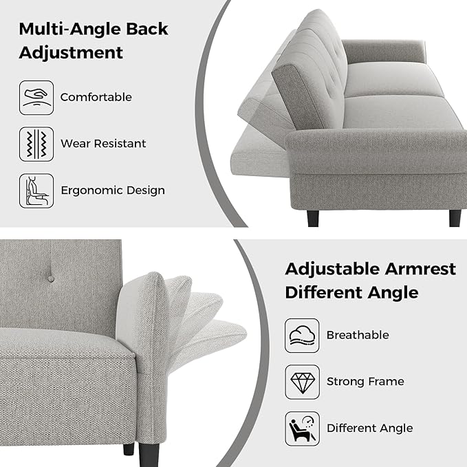 89” Futon Sofa Bed, Linen Comfy Futon Couch Bed with 2 Square Pillows, Convertible Sleeper Sofa with Adjustable Backrest& Armrests, Modern Loveseat Sleeper for Living Room, Bedroom, Light Gray