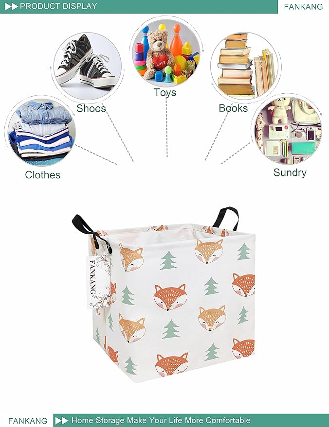 FANKANG Square Nursery Hamper Storage Bins Canvas Laundry Basket Foldable with Waterproof PE Coating Storage Baskets Gift Baskets for Children, Office, Bedroom, Clothes(Square-Fox)
