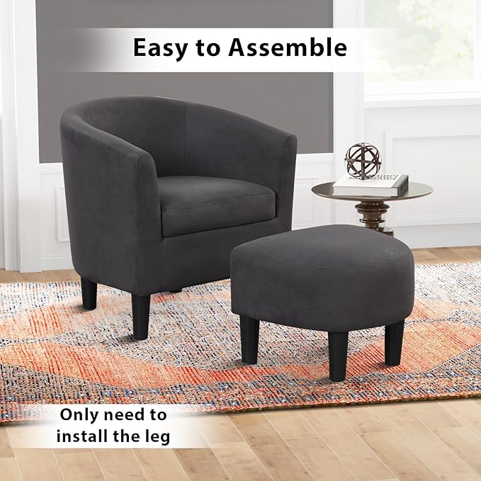 INZOY Modern Accent Chair with Ottoman for Small Space, Club Chair with Ottoman Set, Comfy Fabric Barrel Reading Chairs for Living Room Bedroom, Round Reading Chair with Foot Rest, Dark Grey