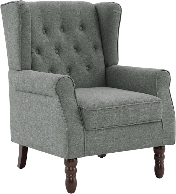 UIXE High Back Accent Chair, Fabric Upholstered Armchair for Living Room, Retro Wingback Arm Chair Comfy Single Sofa Bedroom Reading Seat with Solid Wooden Legs - Gray