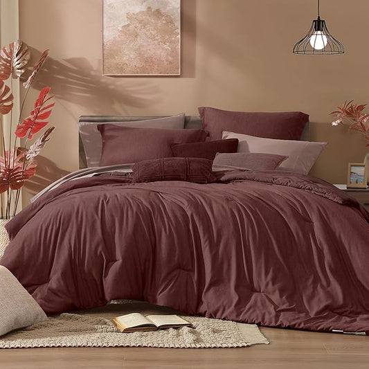 Monbix King Size Comforter Set, 7 Pieces Dark Red King Size Bed Set Reversible,Cationic Dyeing Bed in a Bag with Comforter, Sheets, Pillowcases & Shams
